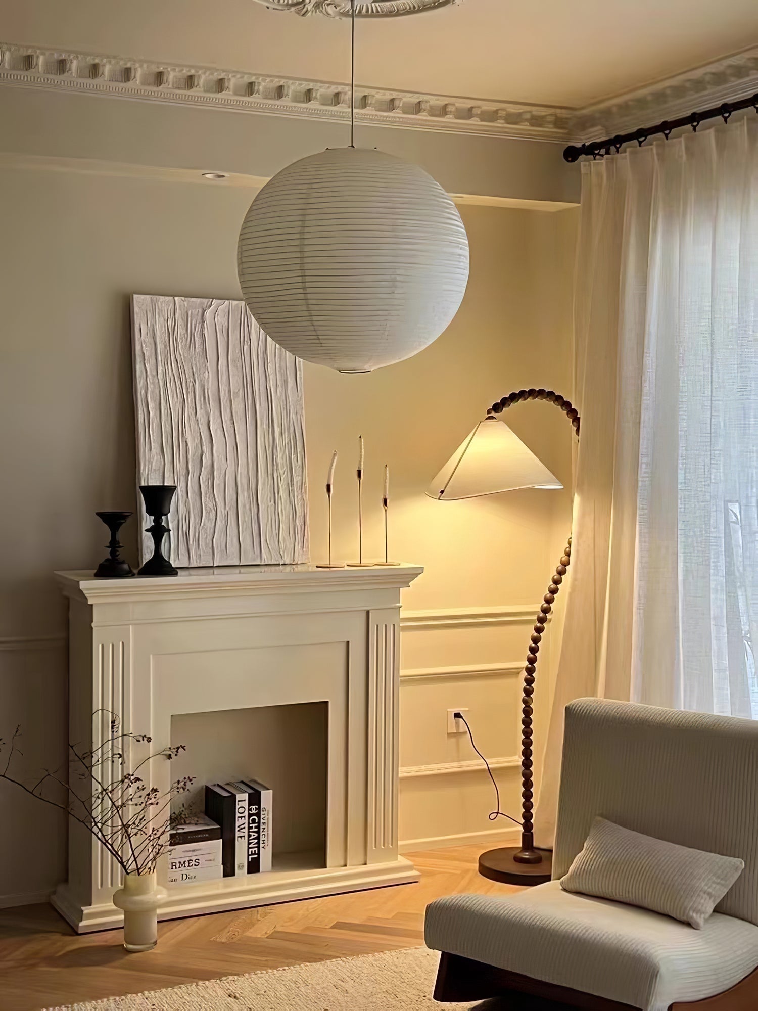 Rustic Wooden Bead Floor Lamp with White Fabric Shade for Mid Century Modern Interior Lighting