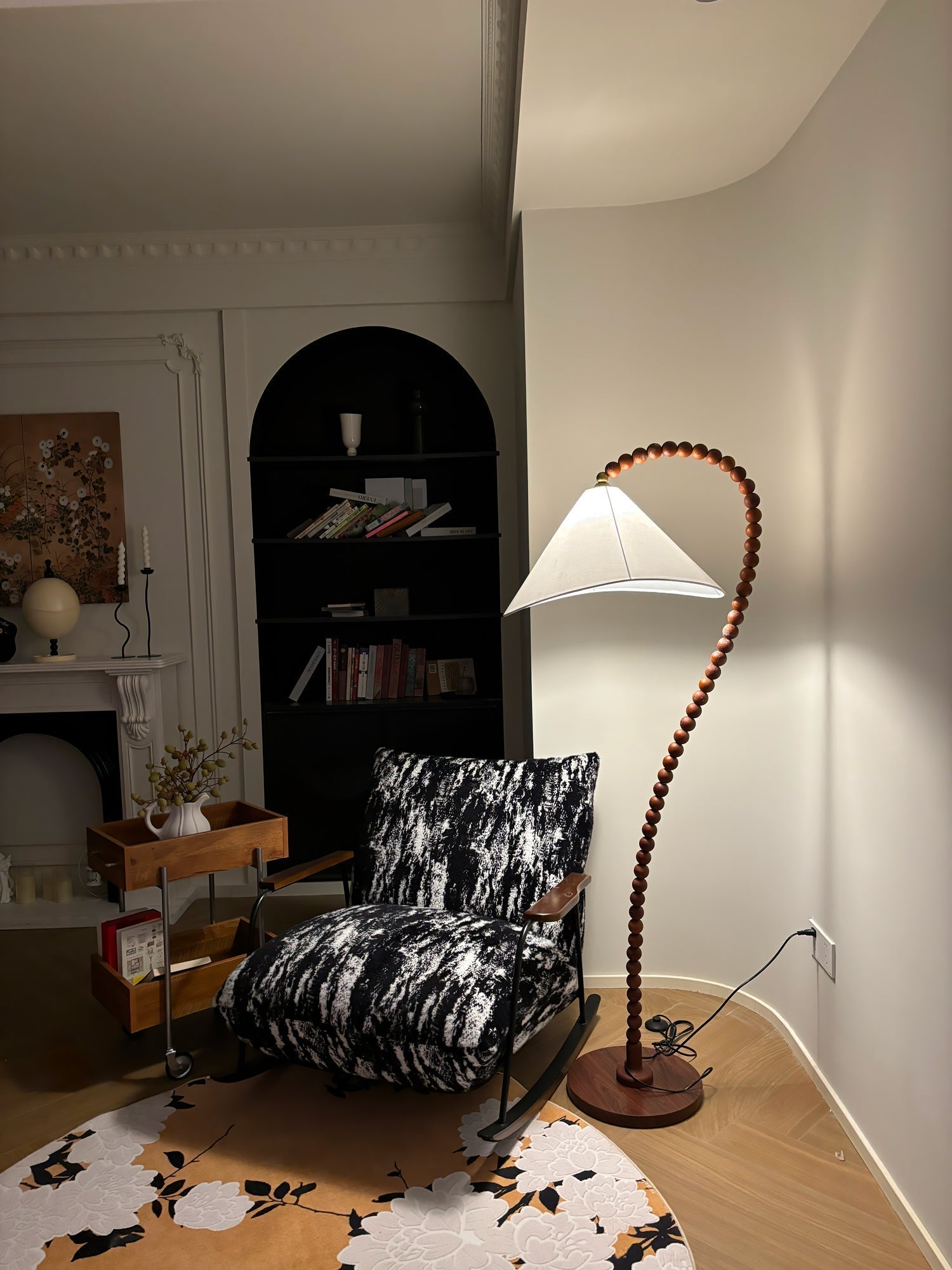 Rustic Wooden Bead Floor Lamp with White Fabric Shade for Mid Century Modern Interior Lighting
