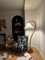 Rustic Wooden Bead Floor Lamp with White Fabric Shade for Mid Century Modern Interior Lighting