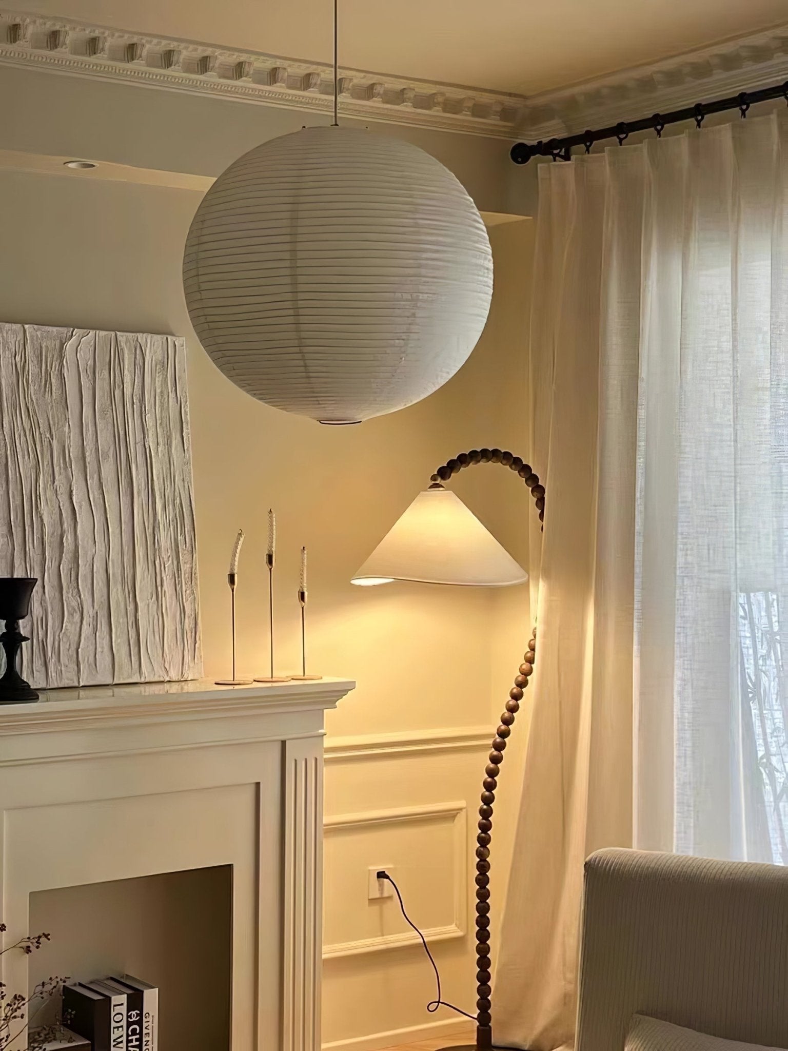 Rustic Wooden Bead Floor Lamp with White Fabric Shade for Mid Century Modern Interior Lighting