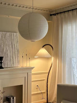 Rustic Wooden Bead Floor Lamp with White Fabric Shade for Mid Century Modern Interior Lighting