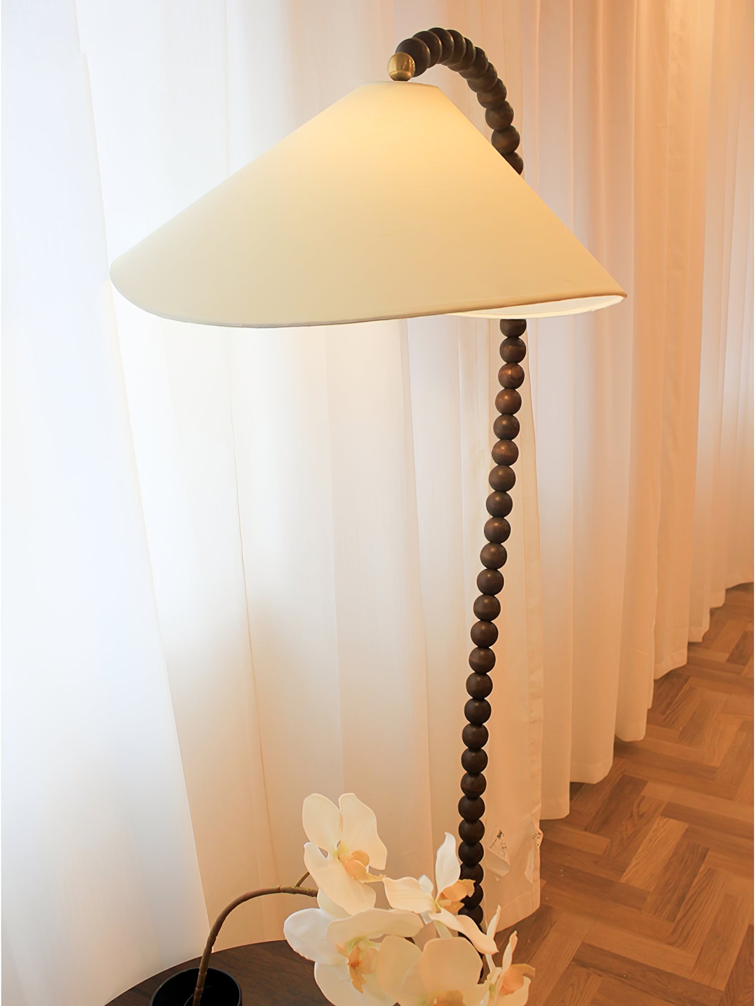 Rustic Wooden Bead Floor Lamp with White Fabric Shade for Mid Century Modern Interior Lighting