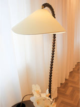 Rustic Wooden Bead Floor Lamp with White Fabric Shade for Mid Century Modern Interior Lighting