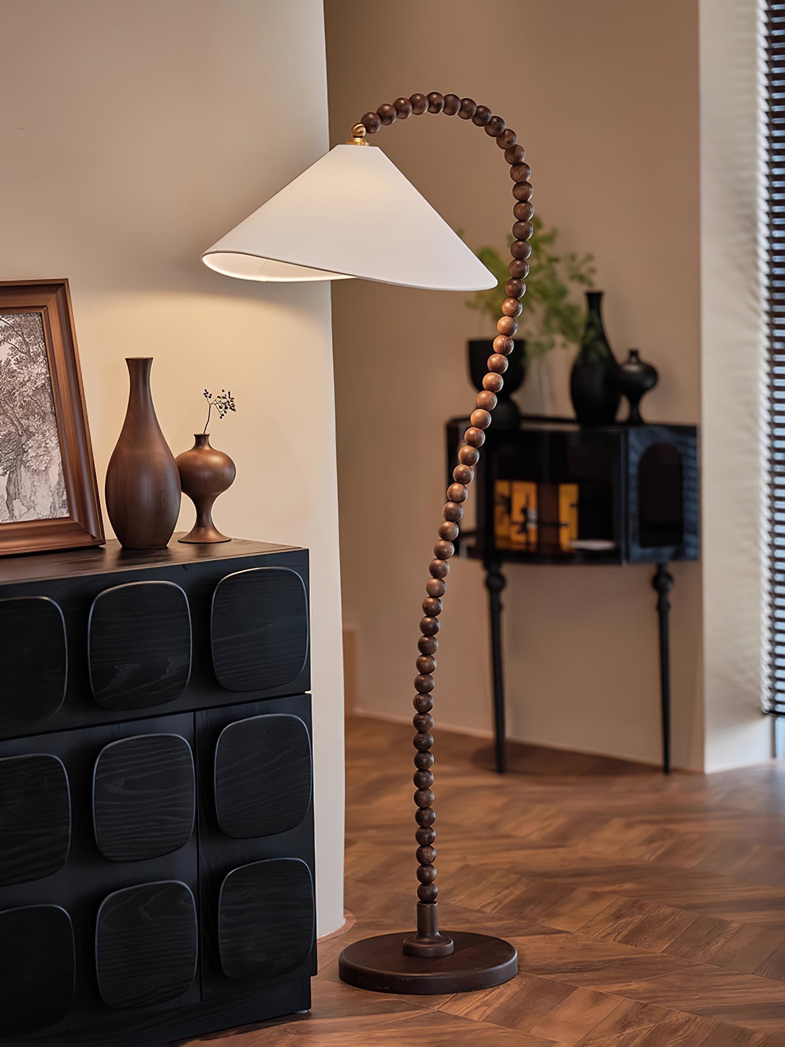 Rustic Wooden Bead Floor Lamp with White Fabric Shade for Mid Century Modern Interior Lighting