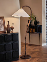 Rustic Wooden Bead Floor Lamp with White Fabric Shade for Mid Century Modern Interior Lighting