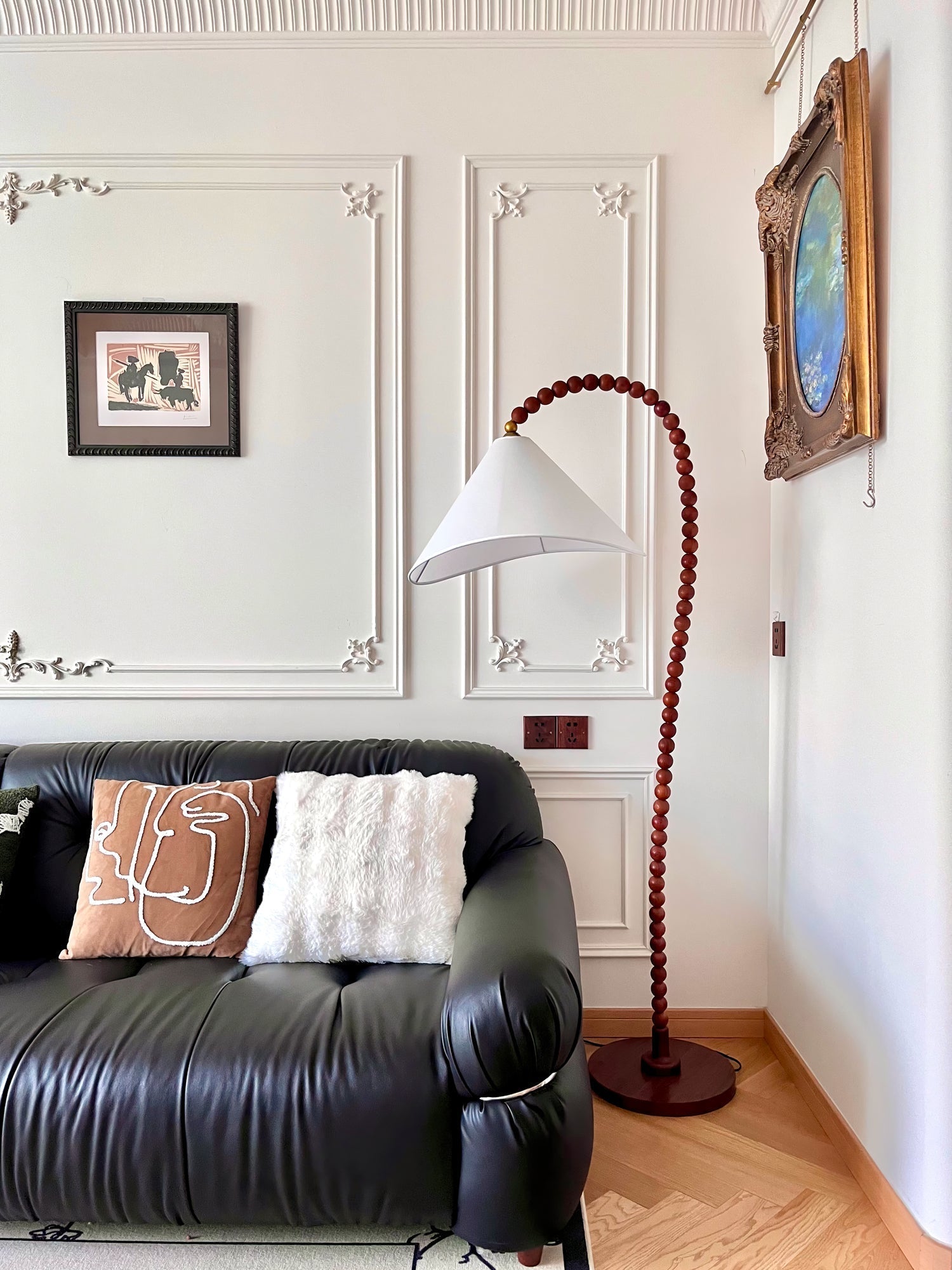 Rustic Wooden Bead Floor Lamp with White Fabric Shade for Mid Century Modern Interior Lighting