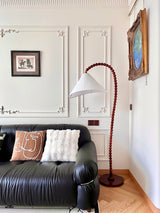 Rustic Wooden Bead Floor Lamp with White Fabric Shade for Mid Century Modern Interior Lighting