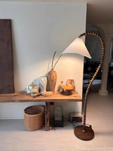 Rustic Wooden Bead Floor Lamp with White Fabric Shade for Mid Century Modern Interior Lighting