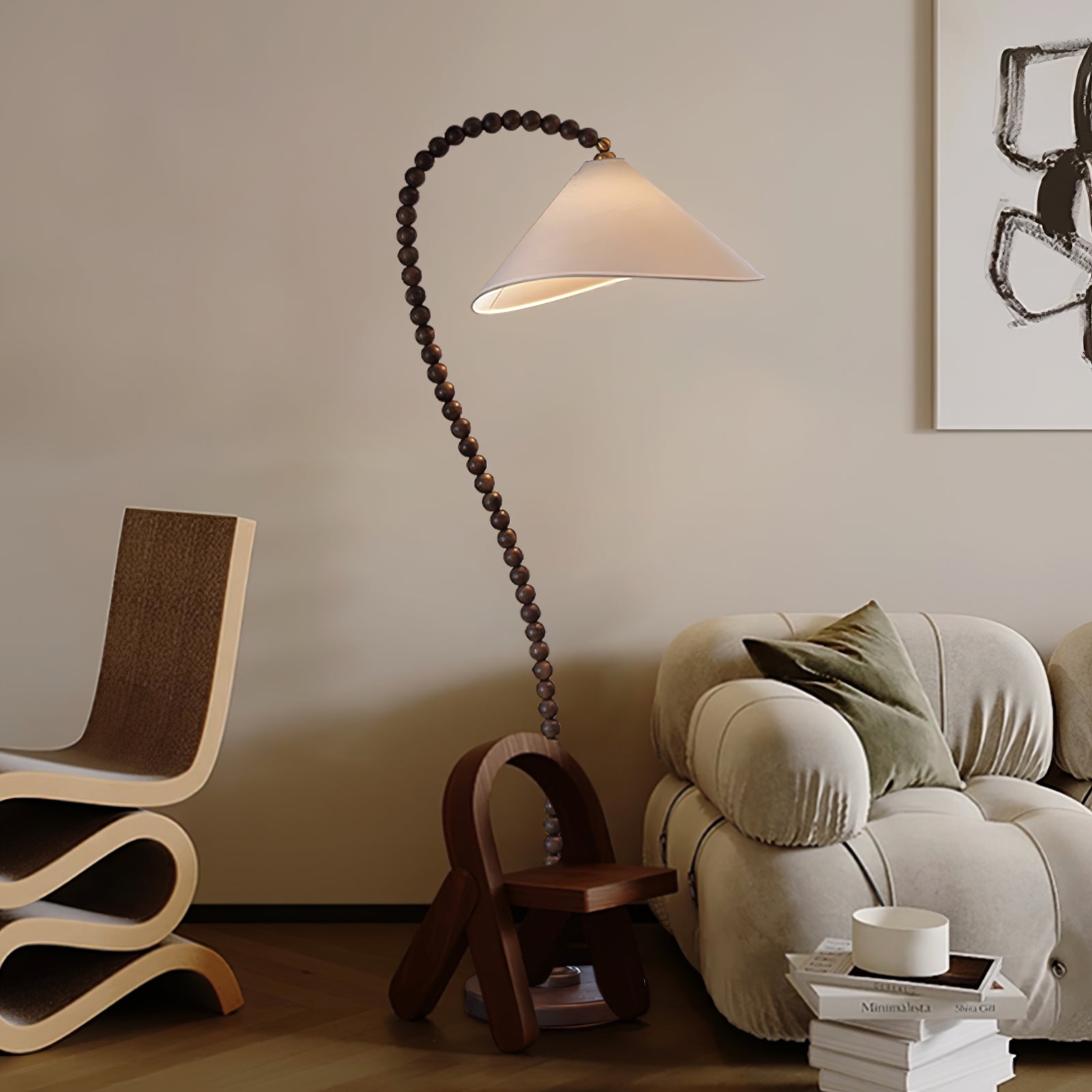 Rustic Wooden Bead Floor Lamp with White Fabric Shade for Mid Century Modern Interior Lighting