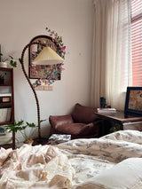 Rustic Wooden Bead Floor Lamp with White Fabric Shade for Mid Century Modern Interior Lighting