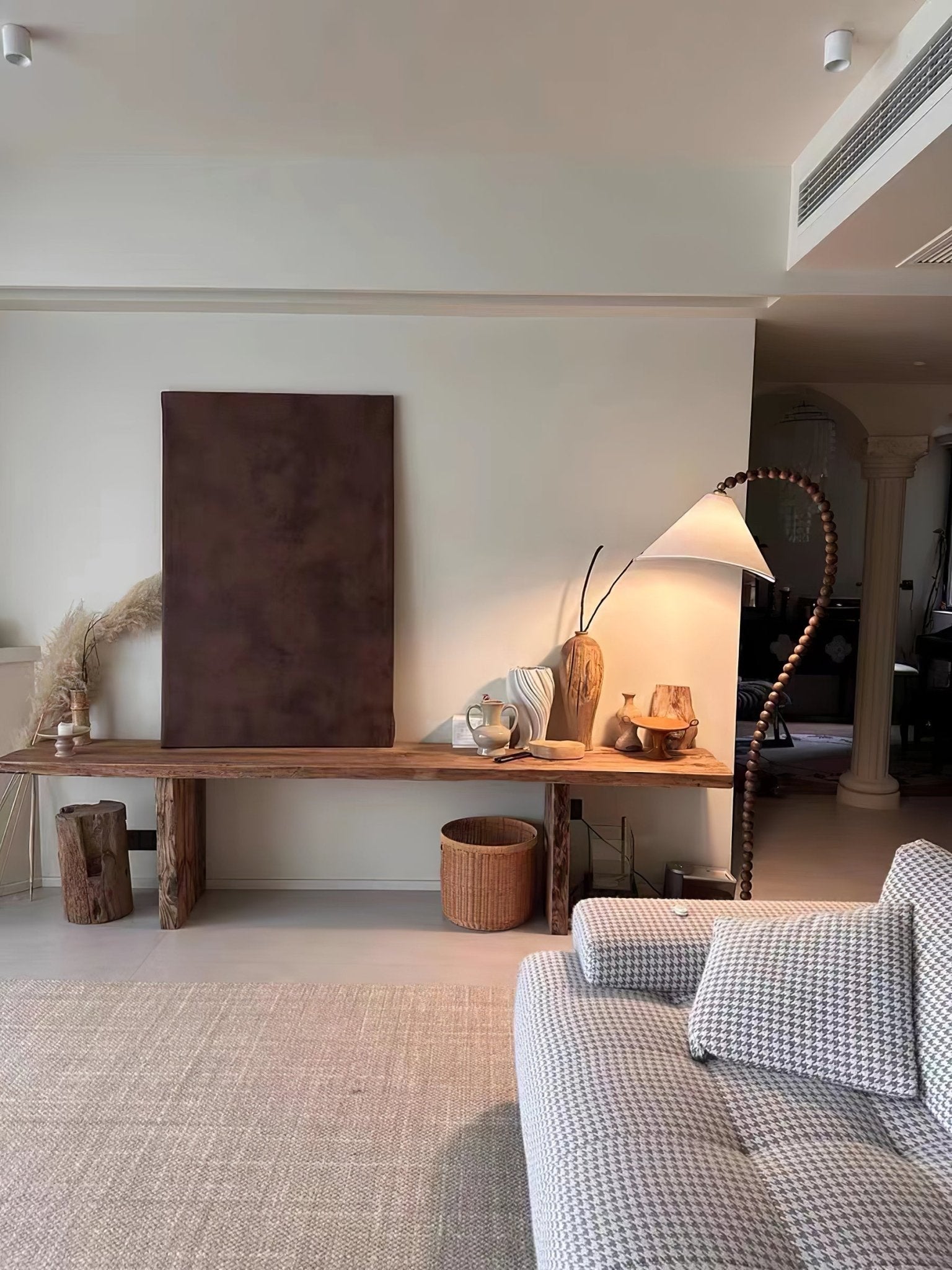Rustic Wooden Bead Floor Lamp with White Fabric Shade for Mid Century Modern Interior Lighting