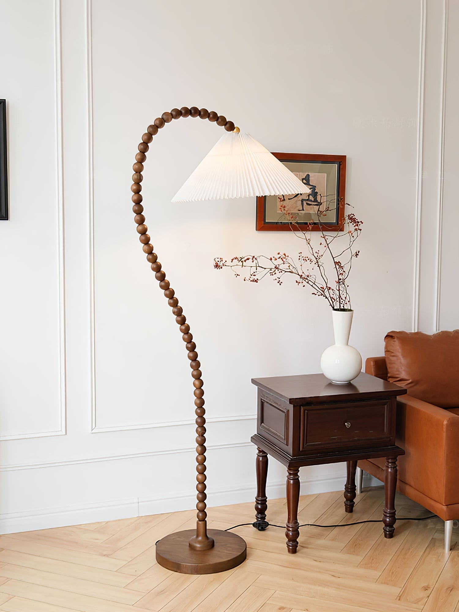 Rustic Wooden Bead Floor Lamp with White Fabric Shade for Mid Century Modern Interior Lighting