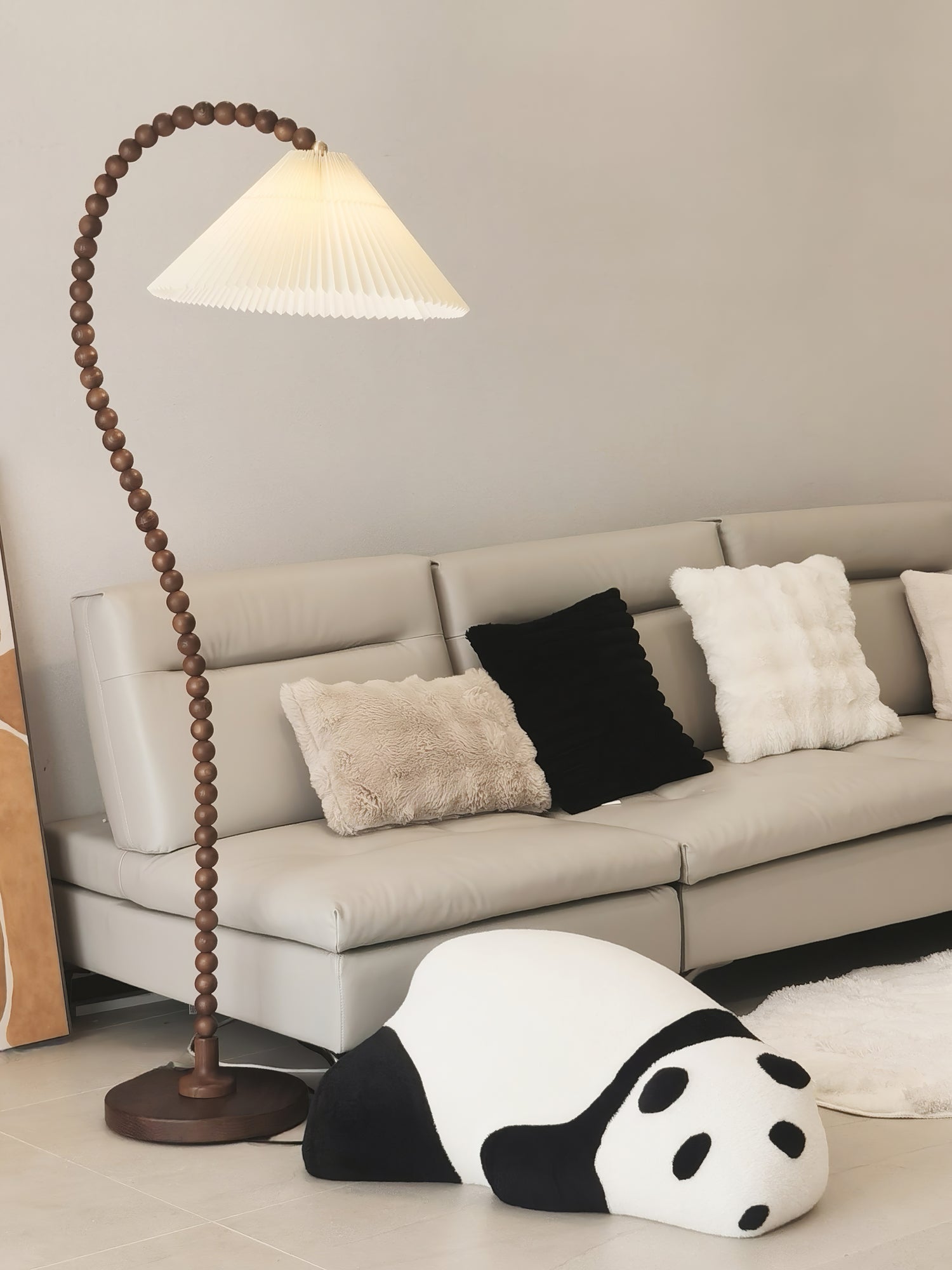Rustic Wooden Bead Floor Lamp with White Fabric Shade for Mid Century Modern Interior Lighting