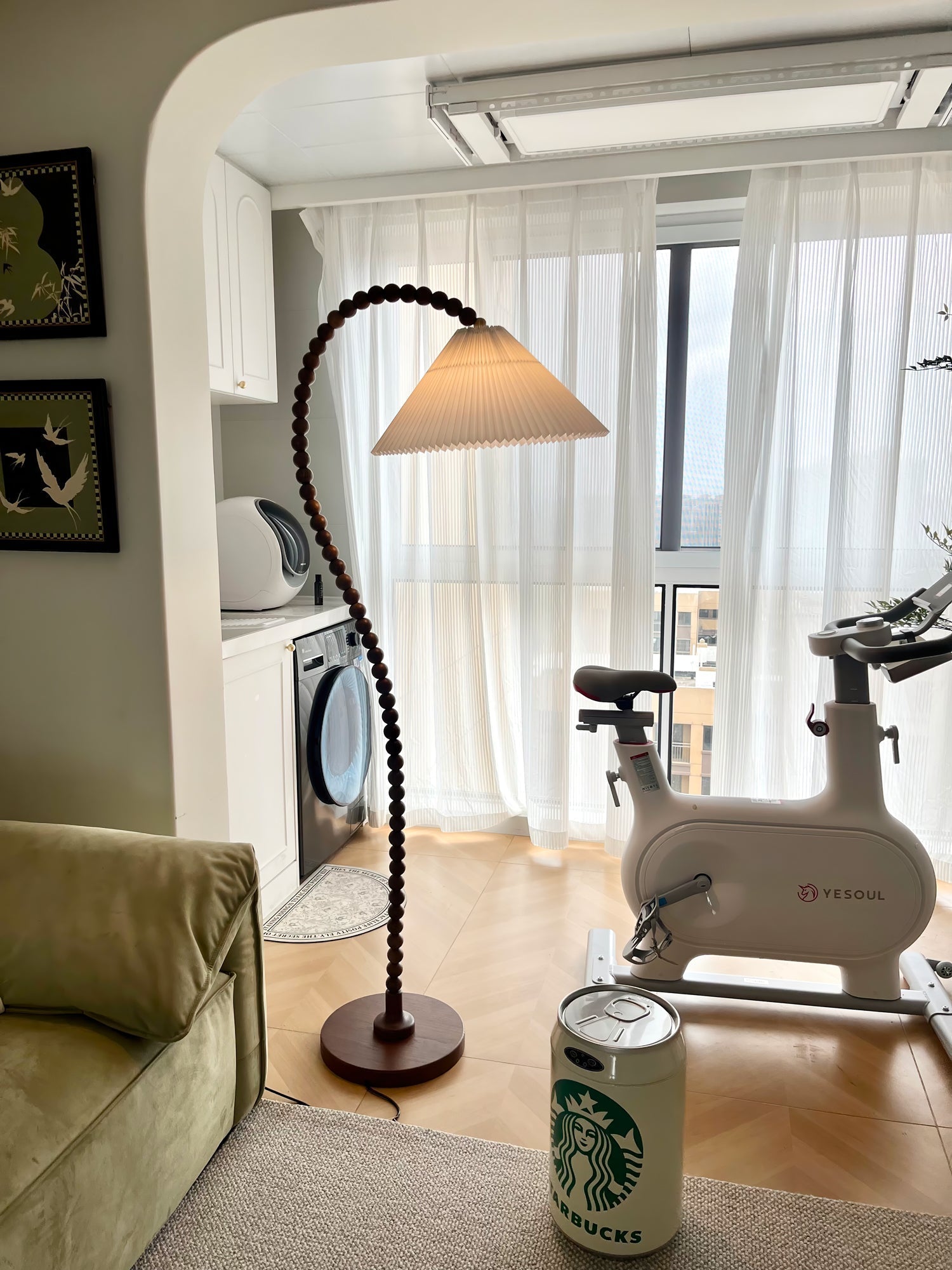 Rustic Wooden Bead Floor Lamp with White Fabric Shade for Mid Century Modern Interior Lighting