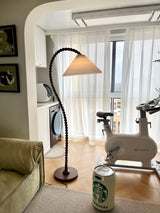 Rustic Wooden Bead Floor Lamp with White Fabric Shade for Mid Century Modern Interior Lighting