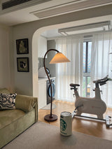 Rustic Wooden Bead Floor Lamp with White Fabric Shade for Mid Century Modern Interior Lighting