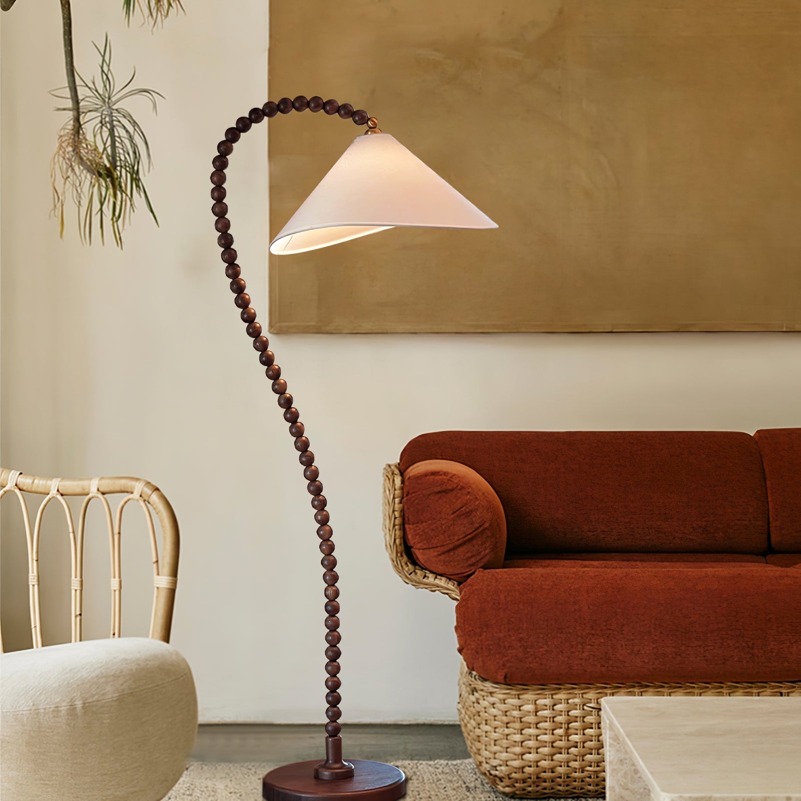 Rustic Wooden Bead Floor Lamp with White Fabric Shade for Mid Century Modern Interior Lighting
