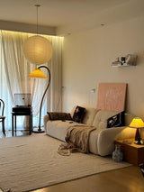 Rustic Wooden Bead Floor Lamp with White Fabric Shade for Mid Century Modern Interior Lighting