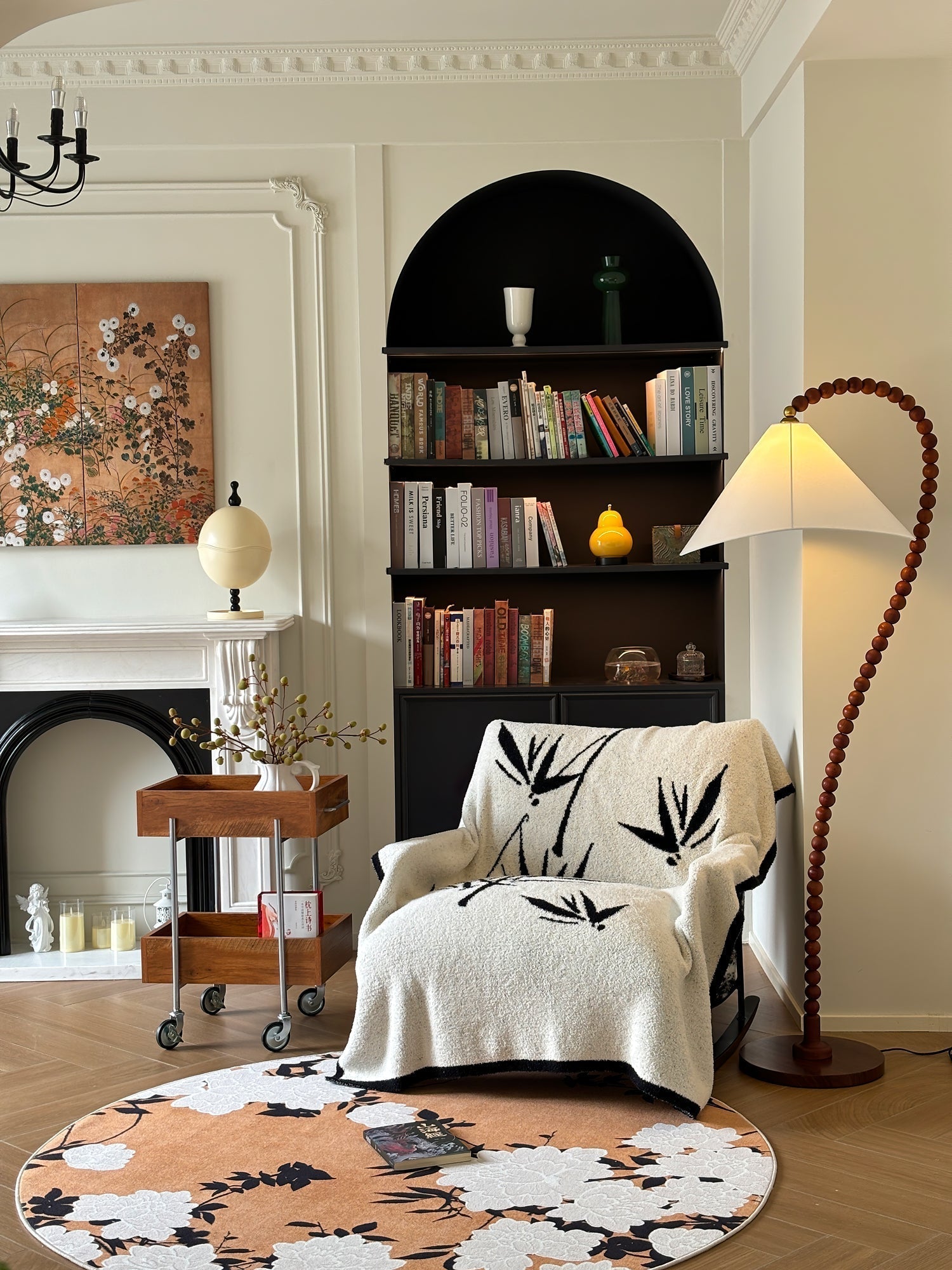 Rustic Wooden Bead Floor Lamp with White Fabric Shade for Mid Century Modern Interior Lighting