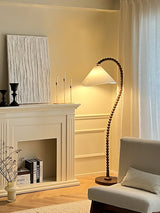 Rustic Wooden Bead Floor Lamp with White Fabric Shade for Mid Century Modern Interior Lighting