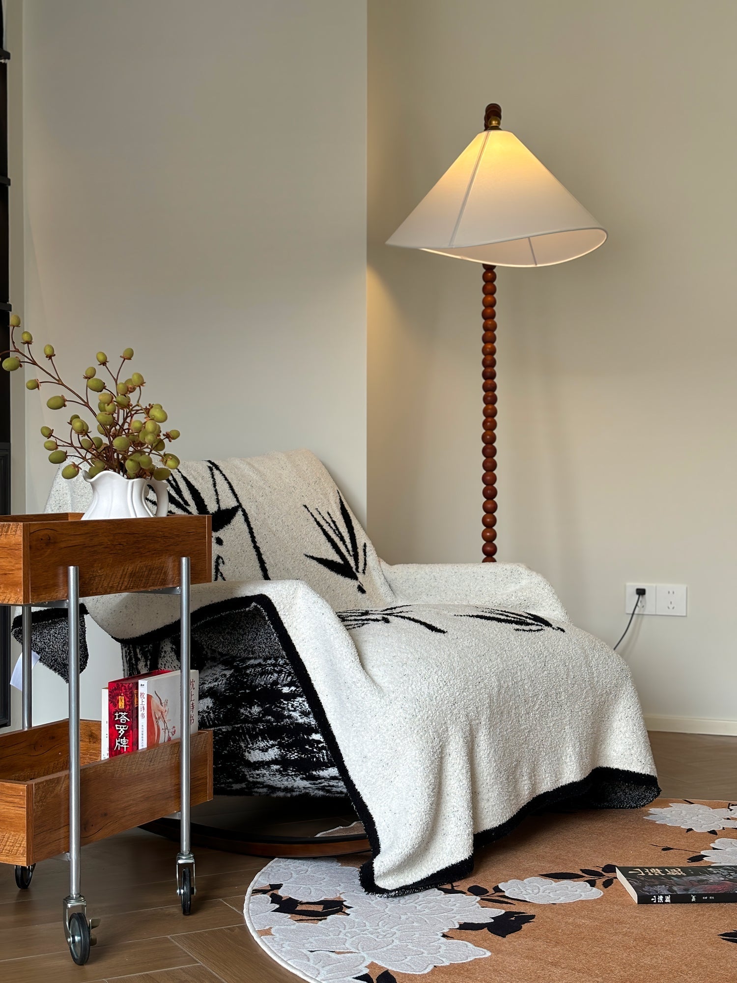 Rustic Wooden Bead Floor Lamp with White Fabric Shade for Mid Century Modern Interior Lighting