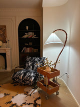 Rustic Wooden Bead Floor Lamp with White Fabric Shade for Mid Century Modern Interior Lighting