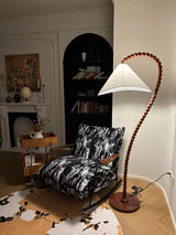Rustic Wooden Bead Floor Lamp with White Fabric Shade for Mid Century Modern Interior Lighting