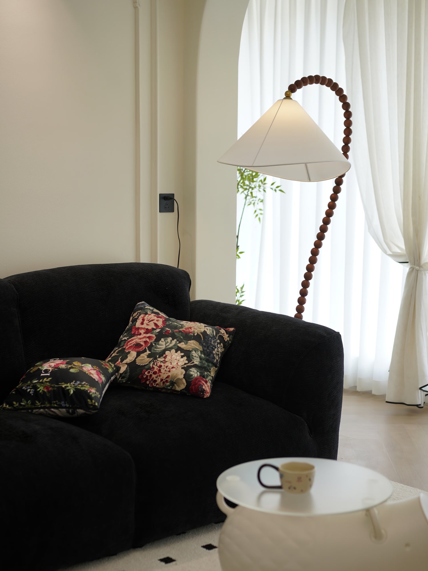Rustic Wooden Bead Floor Lamp with White Fabric Shade for Mid Century Modern Interior Lighting