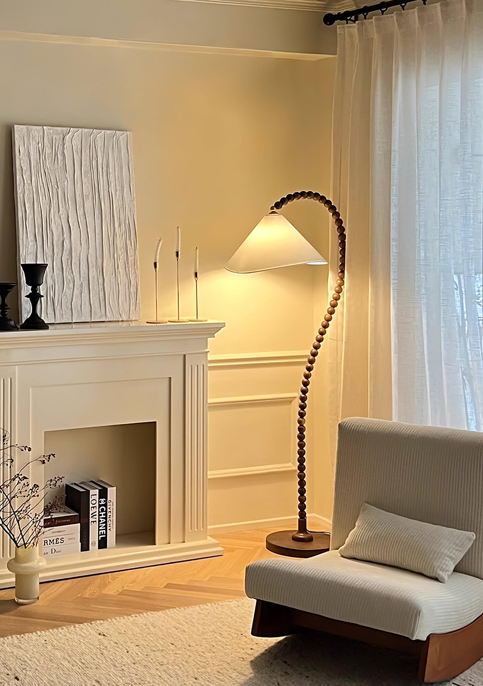 Rustic Wooden Bead Floor Lamp with White Fabric Shade for Mid Century Modern Interior Lighting