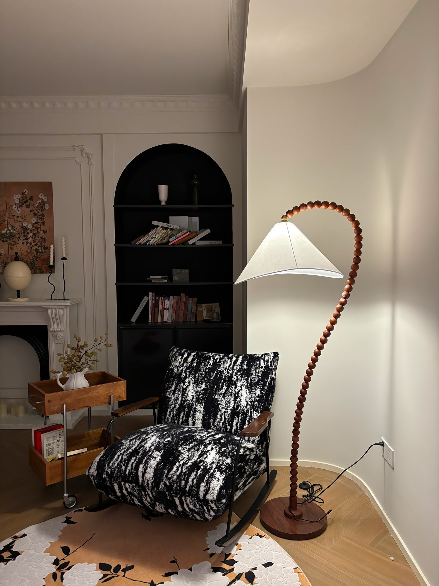 Rustic Wooden Bead Floor Lamp with White Fabric Shade for Mid Century Modern Interior Lighting
