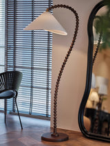 Rustic Wooden Bead Floor Lamp with White Fabric Shade for Mid Century Modern Interior Lighting