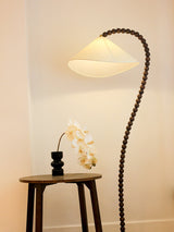 Rustic Wooden Bead Floor Lamp with White Fabric Shade for Mid Century Modern Interior Lighting