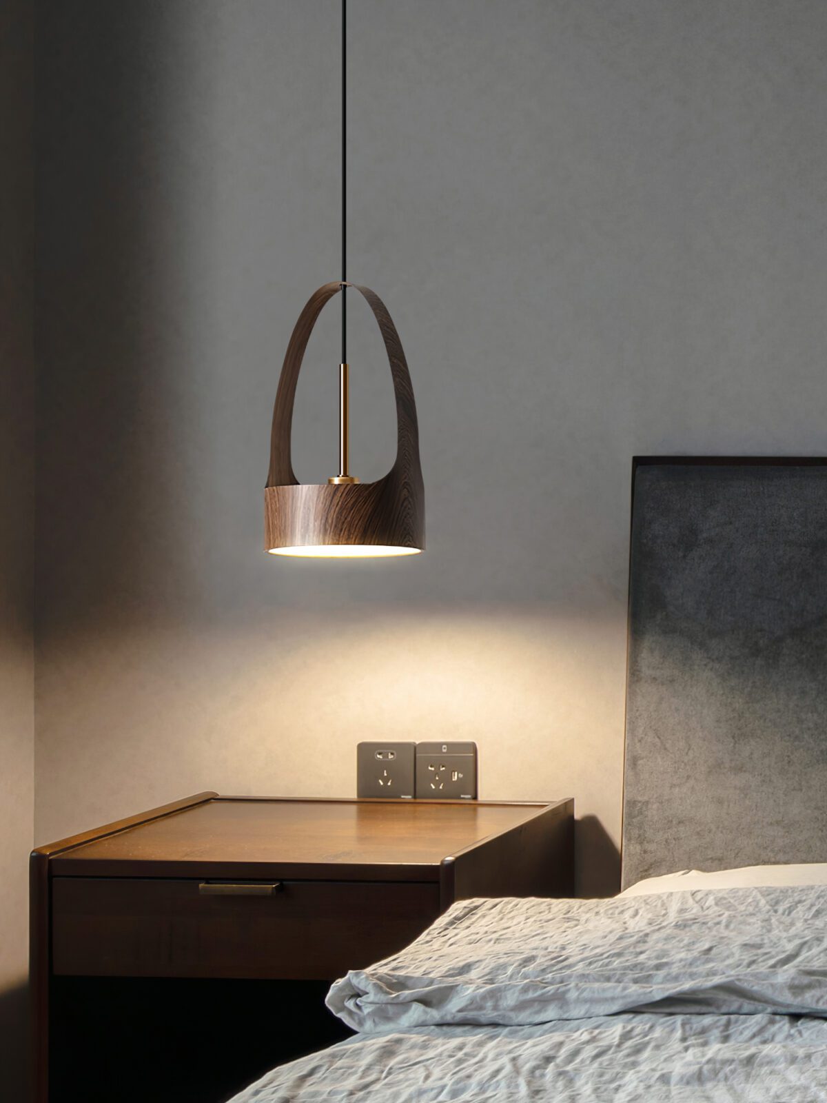 contemporary-walnut-wood-finish-led-bucket-pendant-light-mid-century-design-for-kitchen-islands