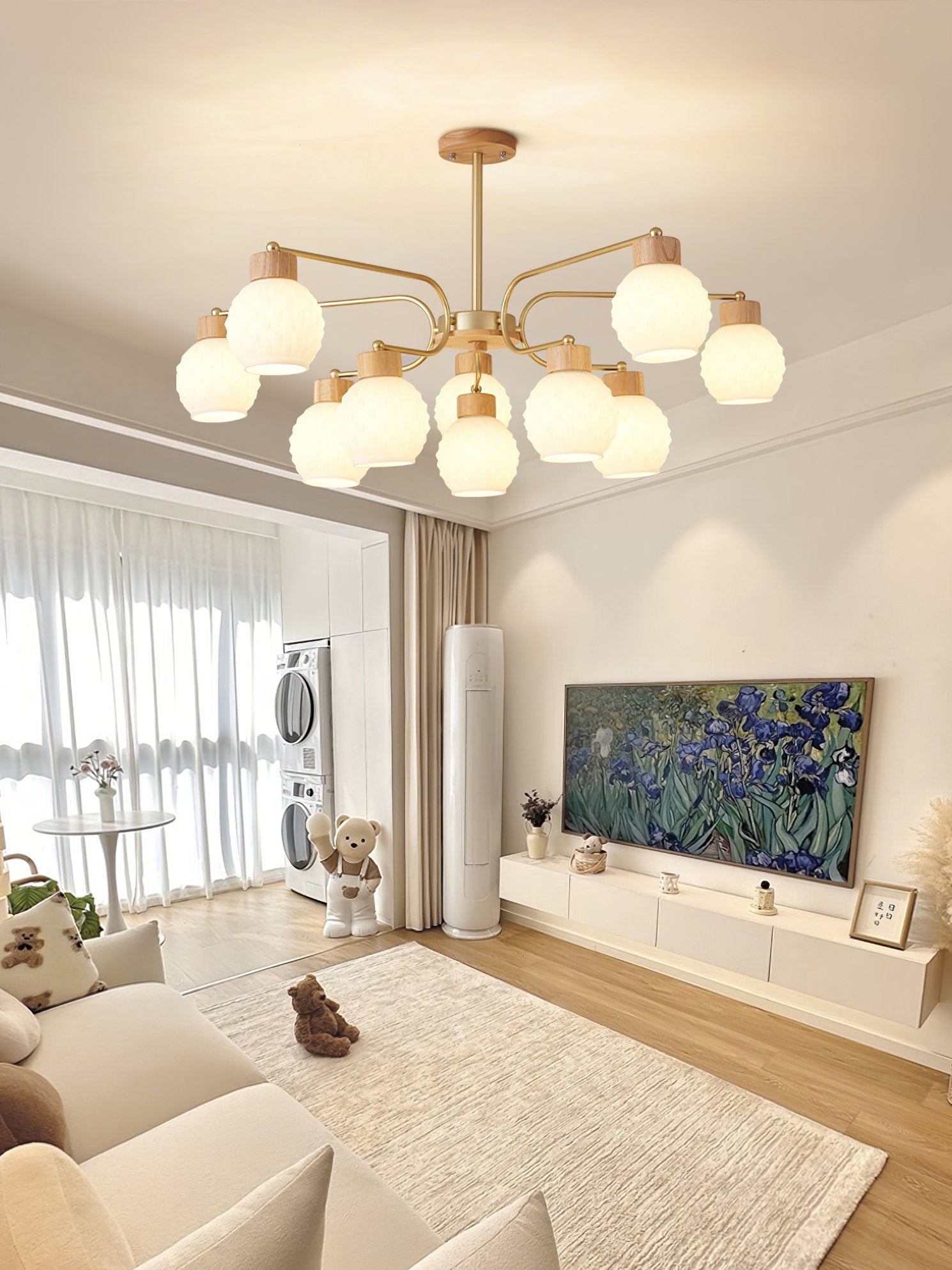 modern-scandinavian-rubber-wood-pineapple-chandelier-with-white-glass-shades