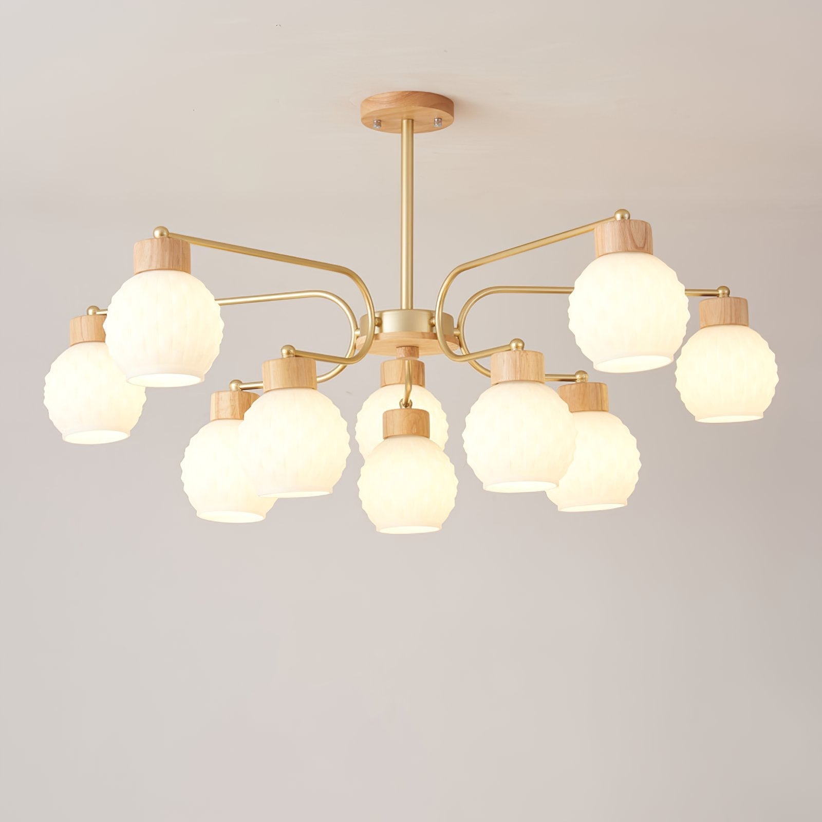 modern-scandinavian-rubber-wood-pineapple-chandelier-with-white-glass-shades