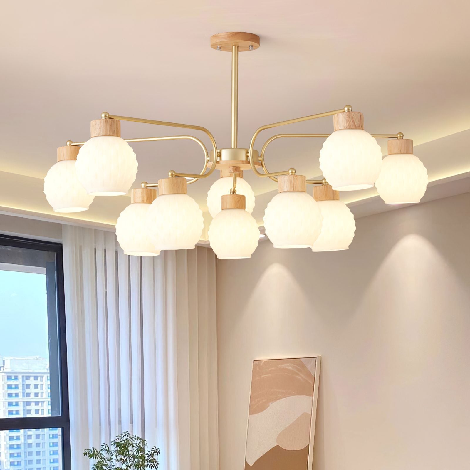modern-scandinavian-rubber-wood-pineapple-chandelier-with-white-glass-shades