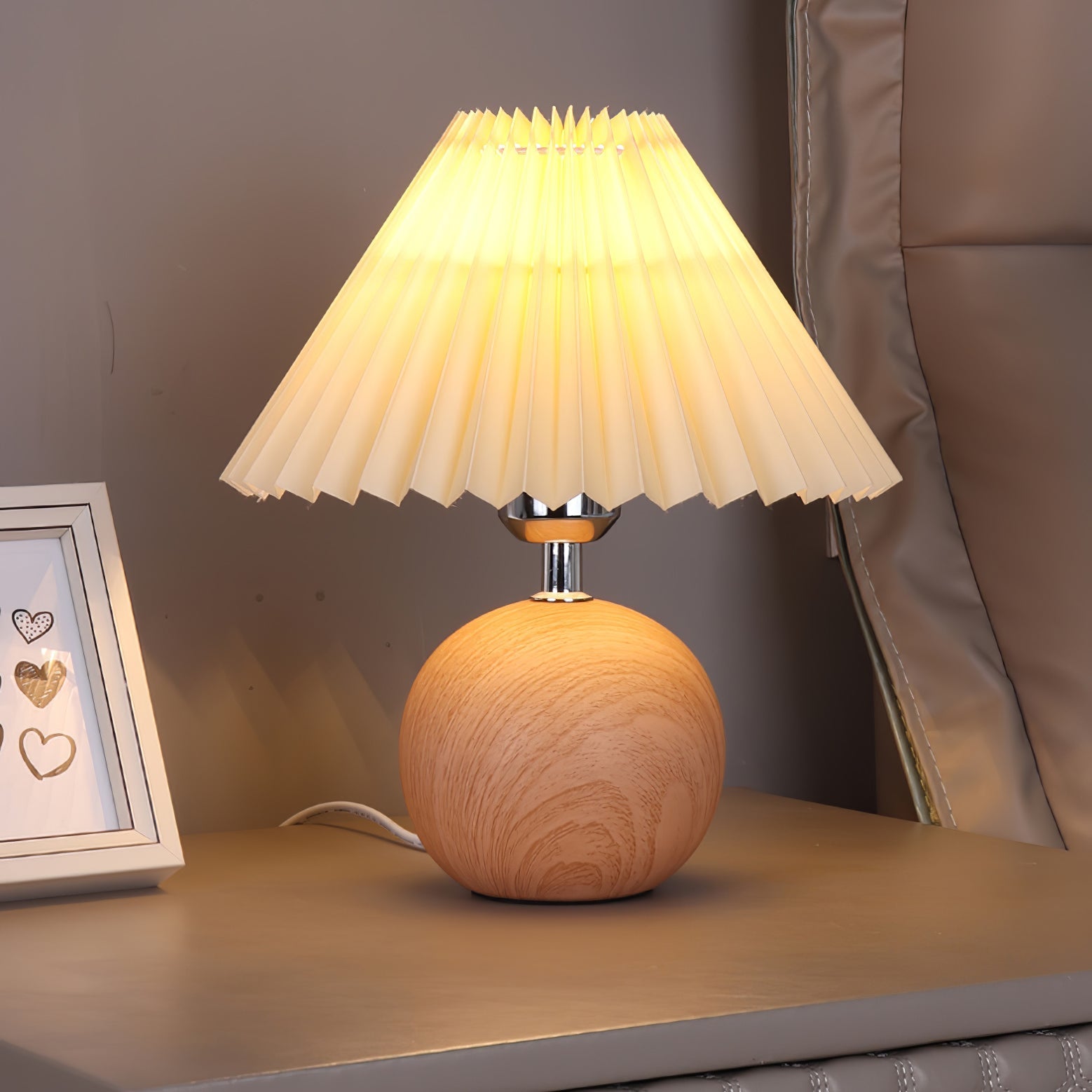Vintage Style Wooden Pleated Table Lamp with Round Solid Wood Base for Bedside Decor
