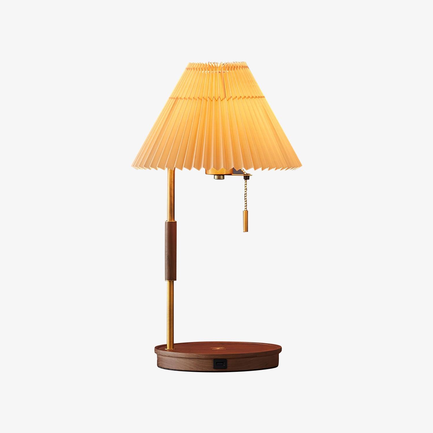 Retro Wooden Bedside Table Lamp with Pleated Fabric Shade Mid Century Modern Desk Light