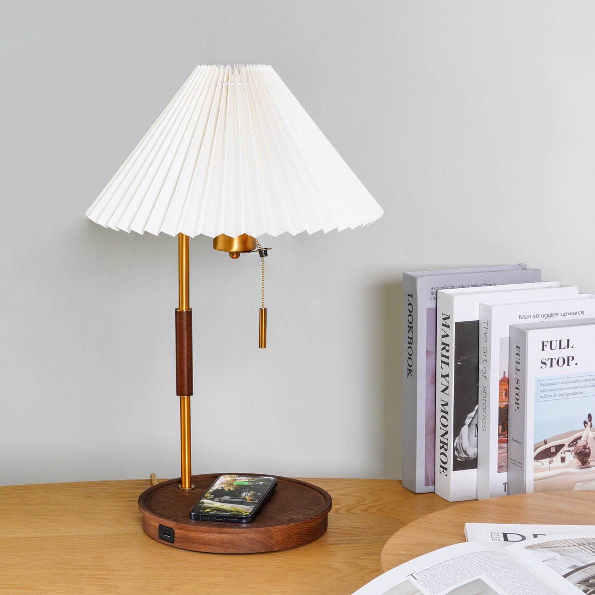 Retro Wooden Bedside Table Lamp with Pleated Fabric Shade Mid Century Modern Desk Light