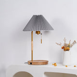 Retro Wooden Bedside Table Lamp with Pleated Fabric Shade Mid Century Modern Desk Light