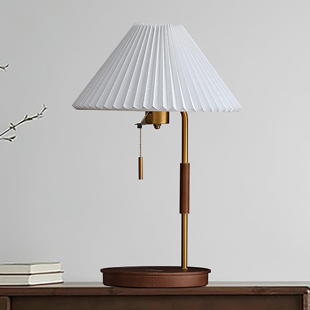 Retro Wooden Bedside Table Lamp with Pleated Fabric Shade Mid Century Modern Desk Light