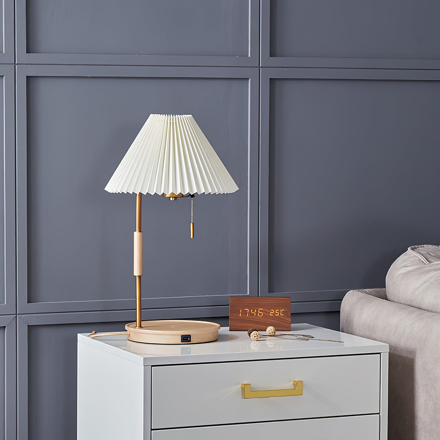 Retro Wooden Bedside Table Lamp with Pleated Fabric Shade Mid Century Modern Desk Light