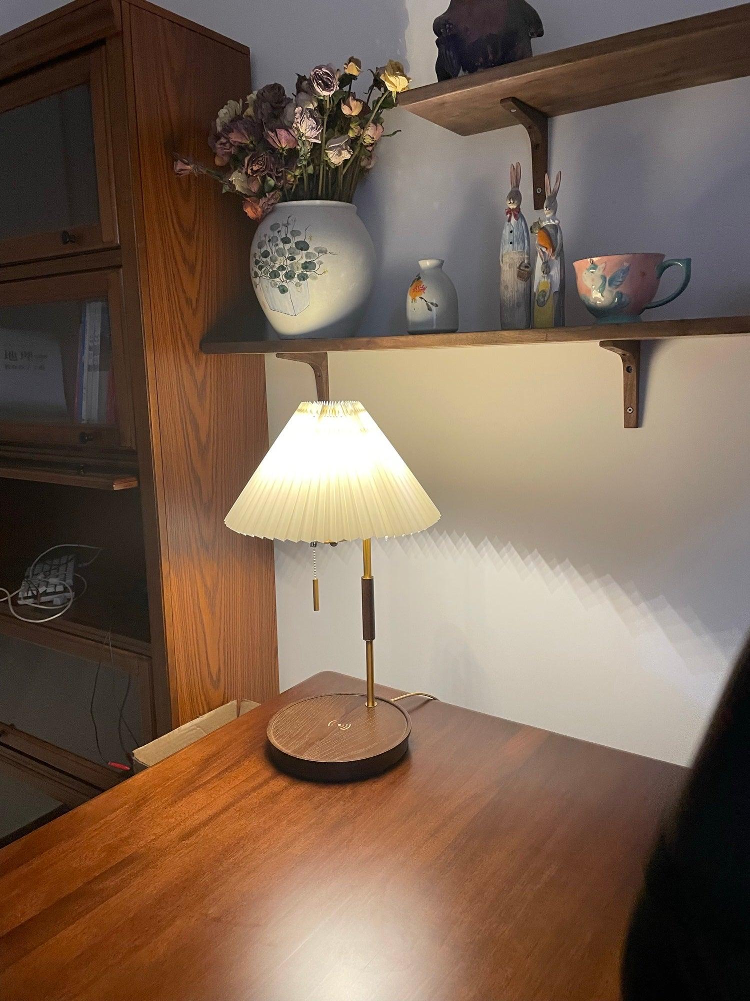 Retro Wooden Bedside Table Lamp with Pleated Fabric Shade Mid Century Modern Desk Light
