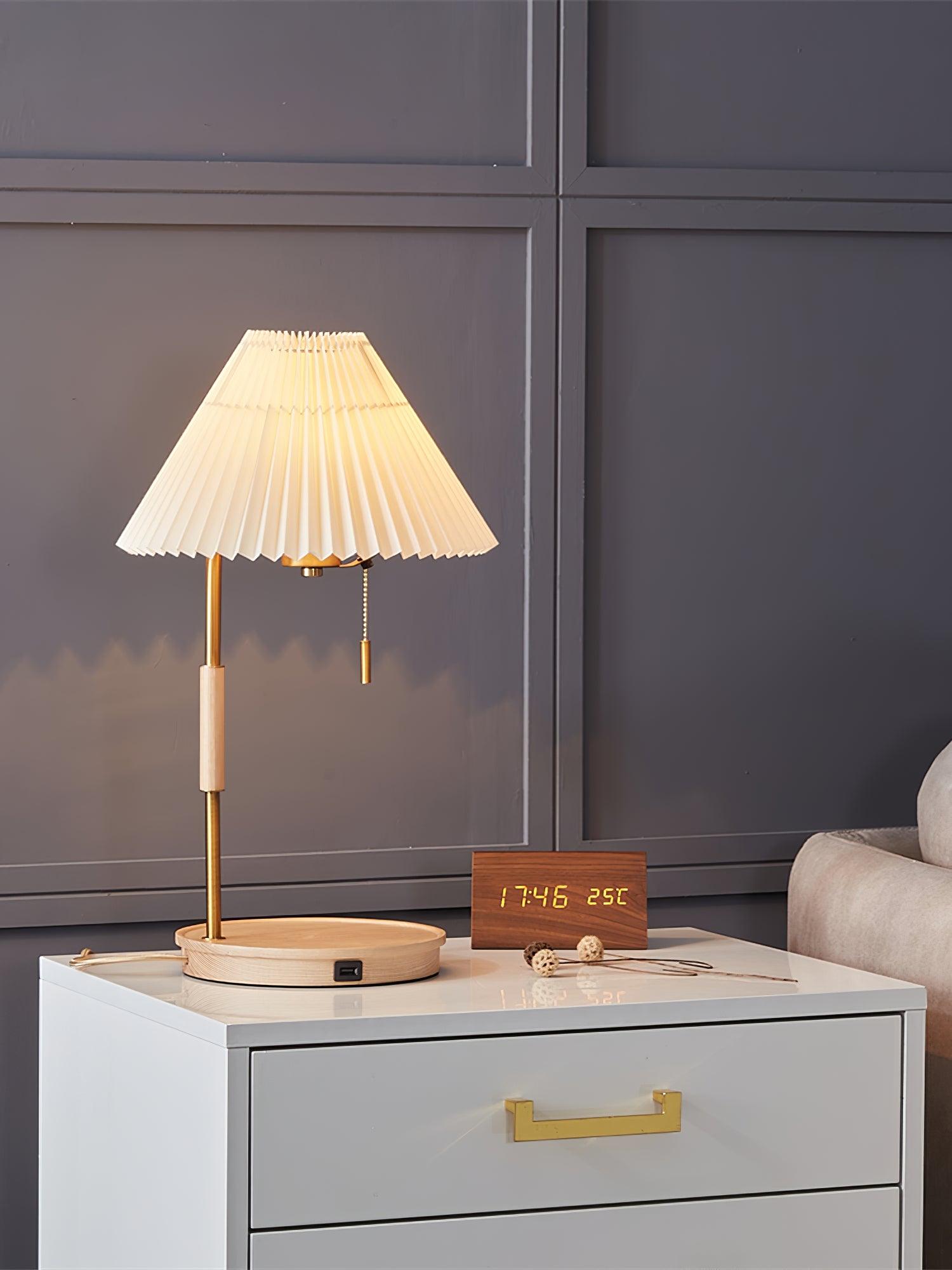 Retro Wooden Bedside Table Lamp with Pleated Fabric Shade Mid Century Modern Desk Light