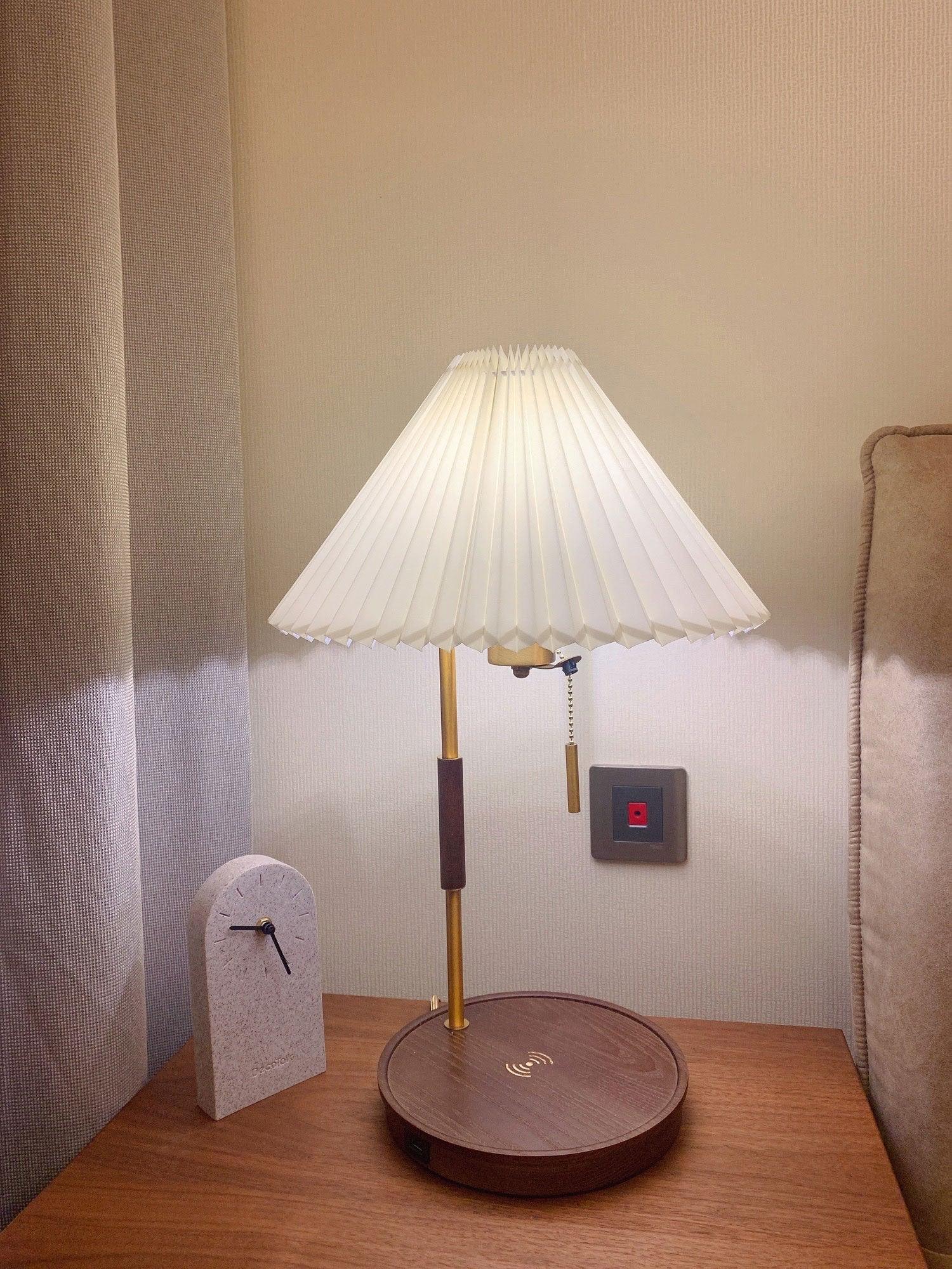 Retro Wooden Bedside Table Lamp with Pleated Fabric Shade Mid Century Modern Desk Light