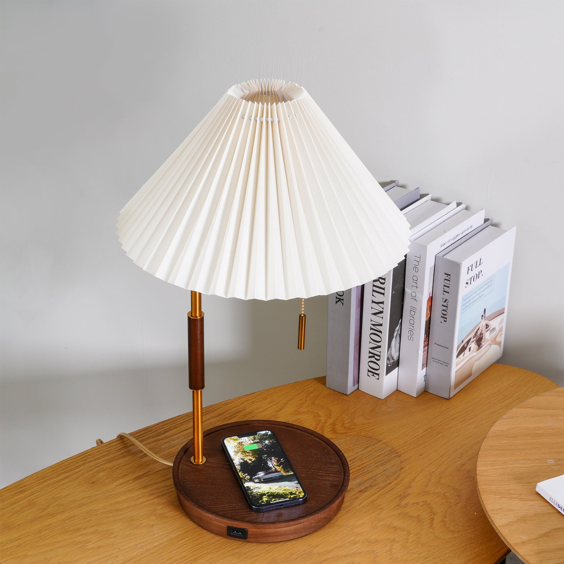 Retro Wooden Bedside Table Lamp with Pleated Fabric Shade Mid Century Modern Desk Light