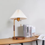 Retro Wooden Bedside Table Lamp with Pleated Fabric Shade Mid Century Modern Desk Light