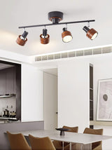 Modern 4 Light Adjustable Wooden Spot Ceiling Lamp with Oak Walnut Finish for Interior Decor