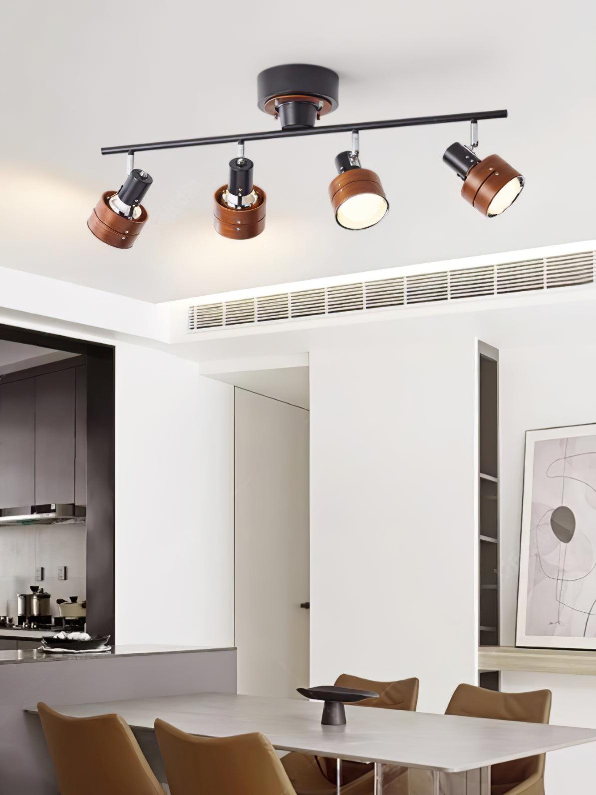Modern 4 Light Adjustable Wooden Spot Ceiling Lamp with Oak Walnut Finish for Interior Decor