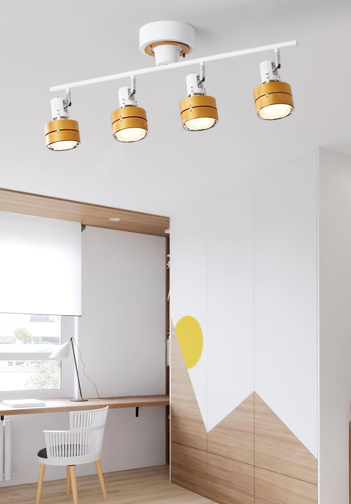 Modern 4 Light Adjustable Wooden Spot Ceiling Lamp with Oak Walnut Finish for Interior Decor